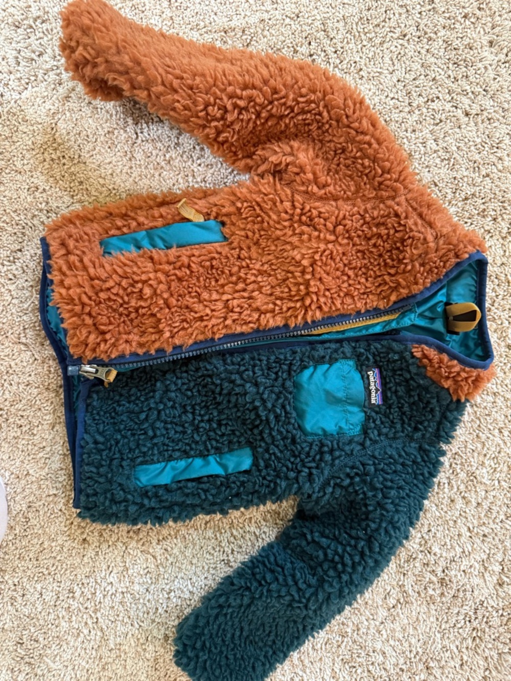 Patagonia Kids Two-Tone Sherpa Jacket - Rust & Teal with Navy Trim